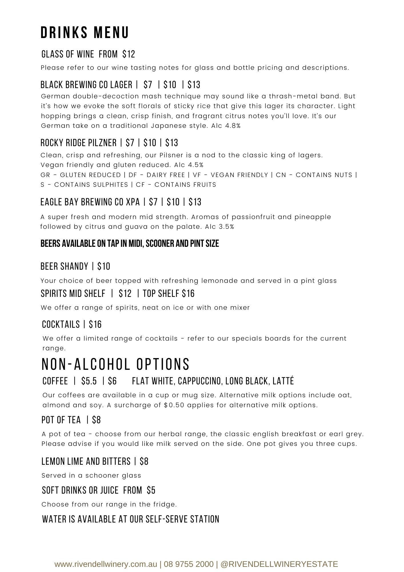 drinks menu Rivendell Winery
