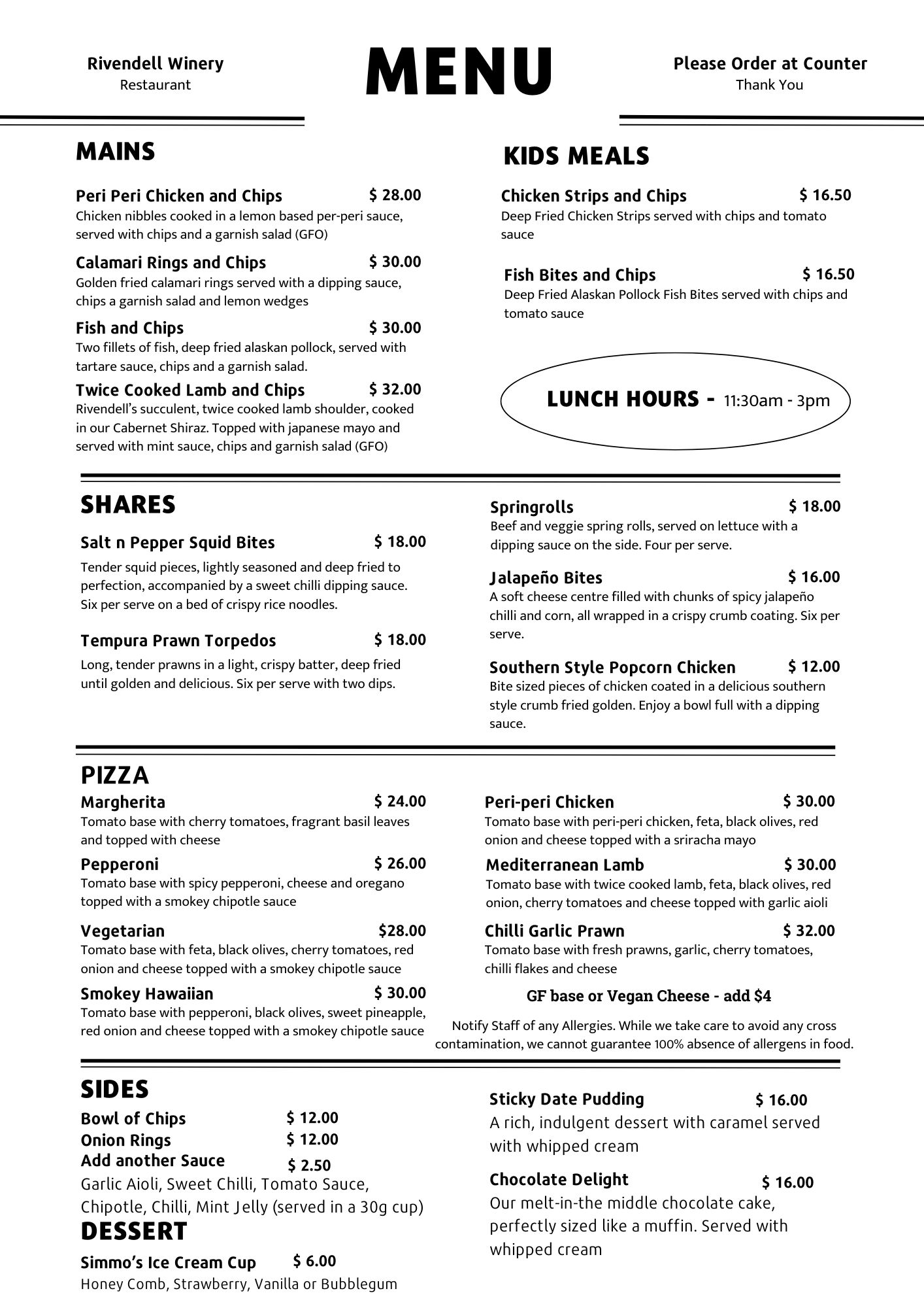 Rivendell Winery Lunch Menu