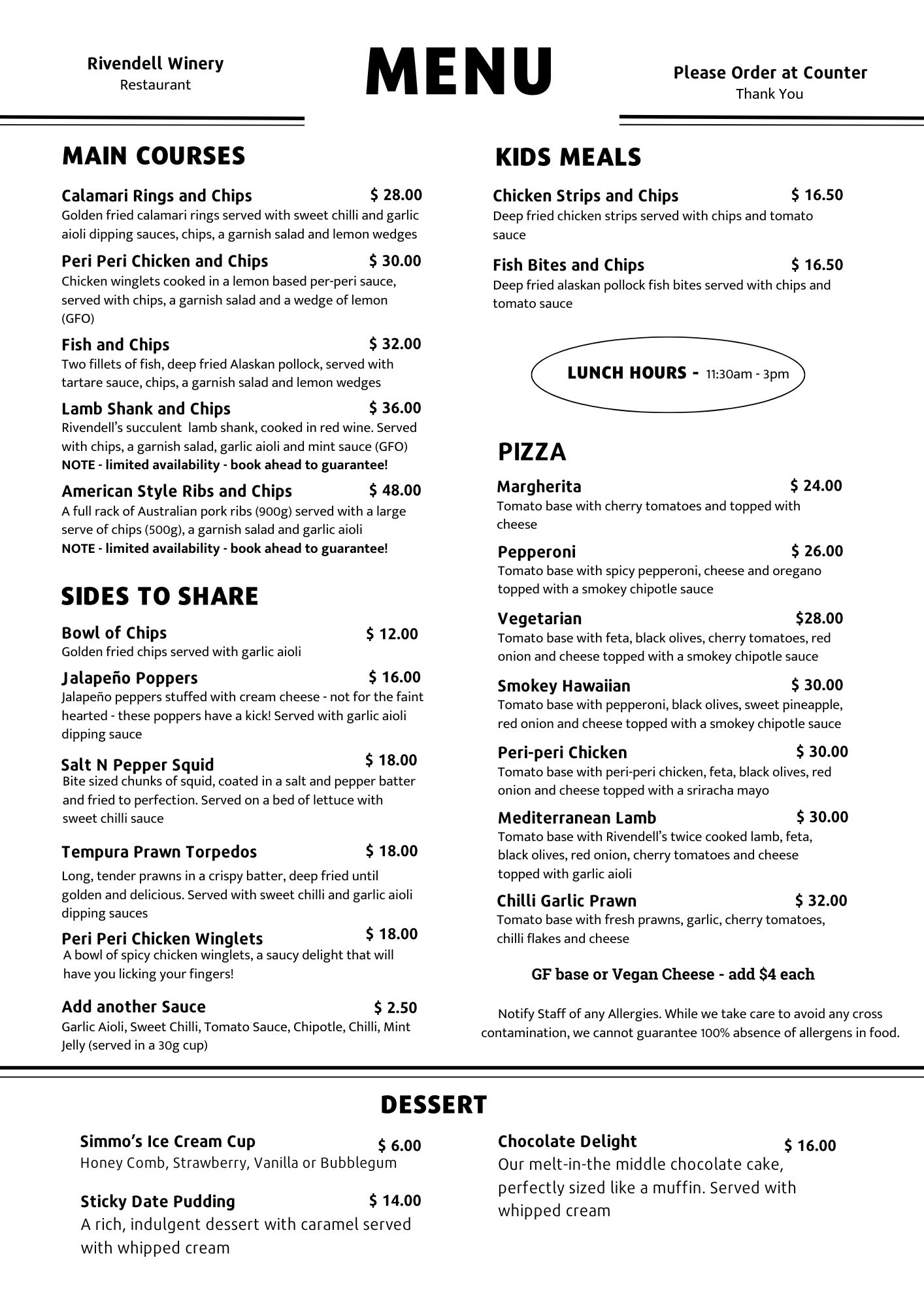 Rivendell Winery Food Menu Rivendell Winery Food Menu