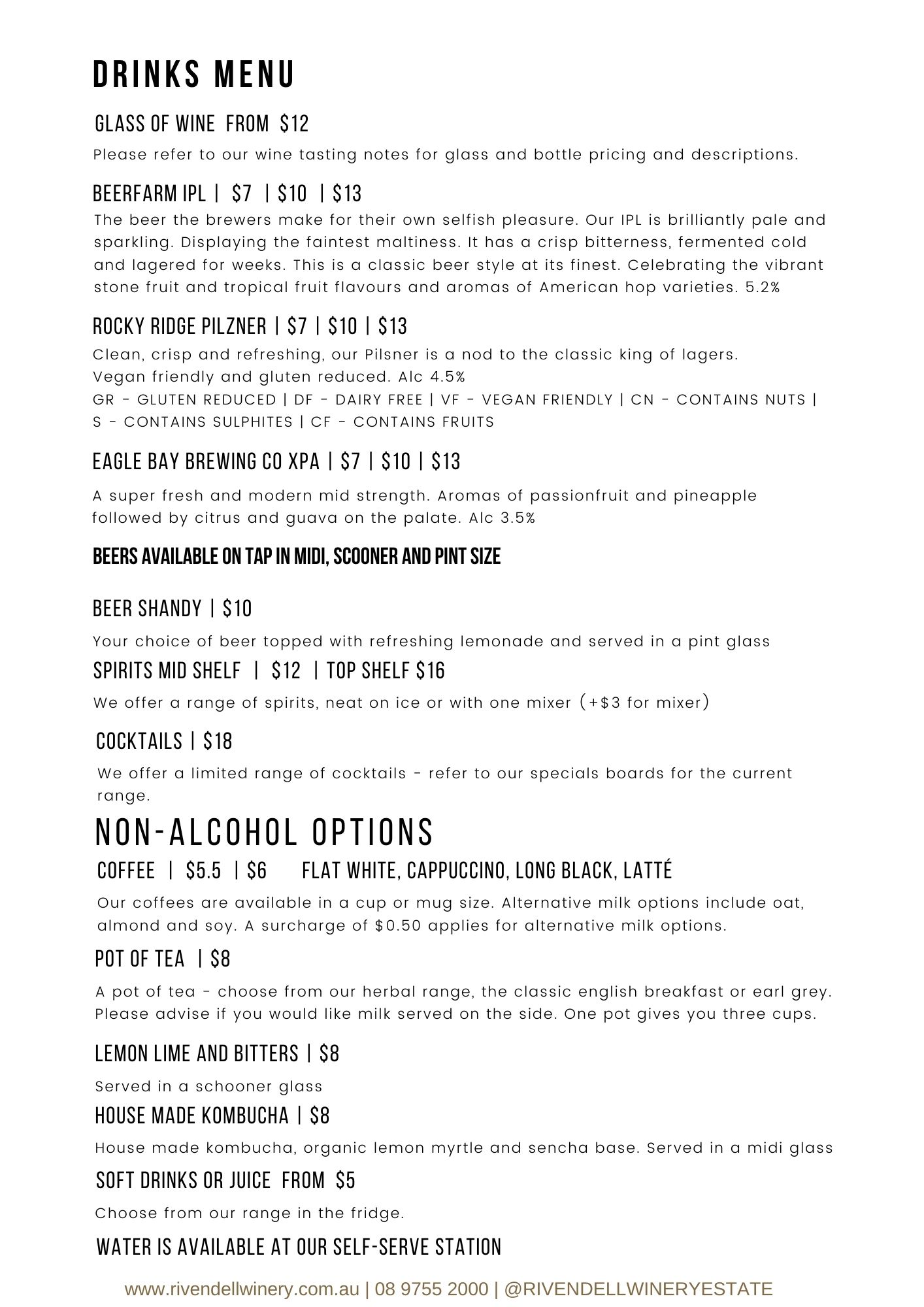 Rivendell Winery Drinks Menu