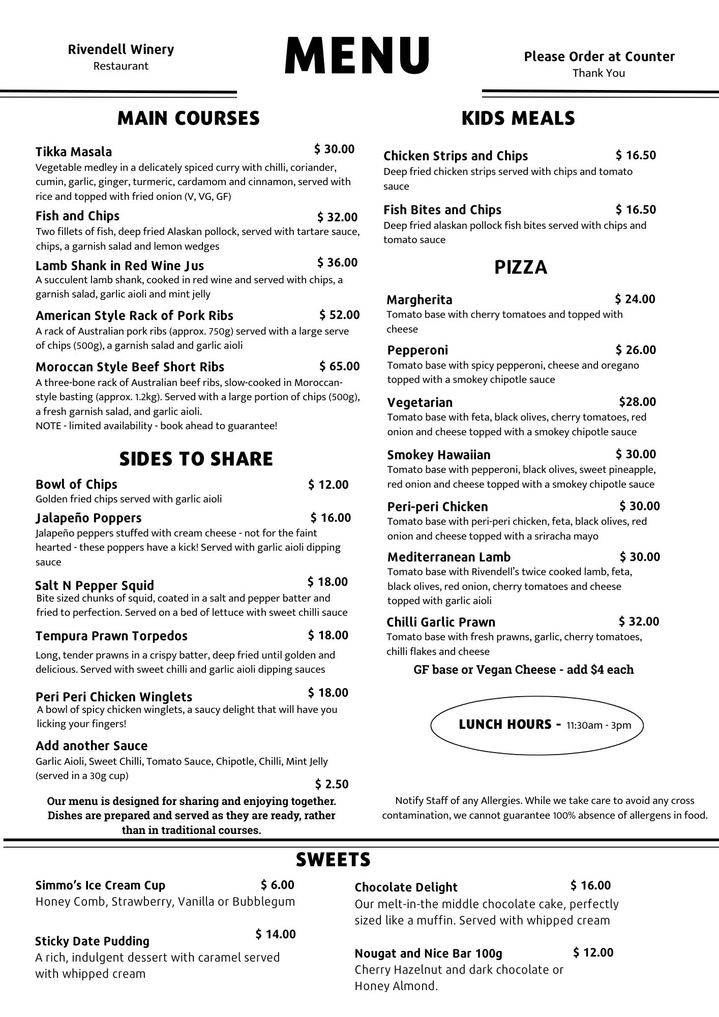 Rivendell Winery Lunch Menu