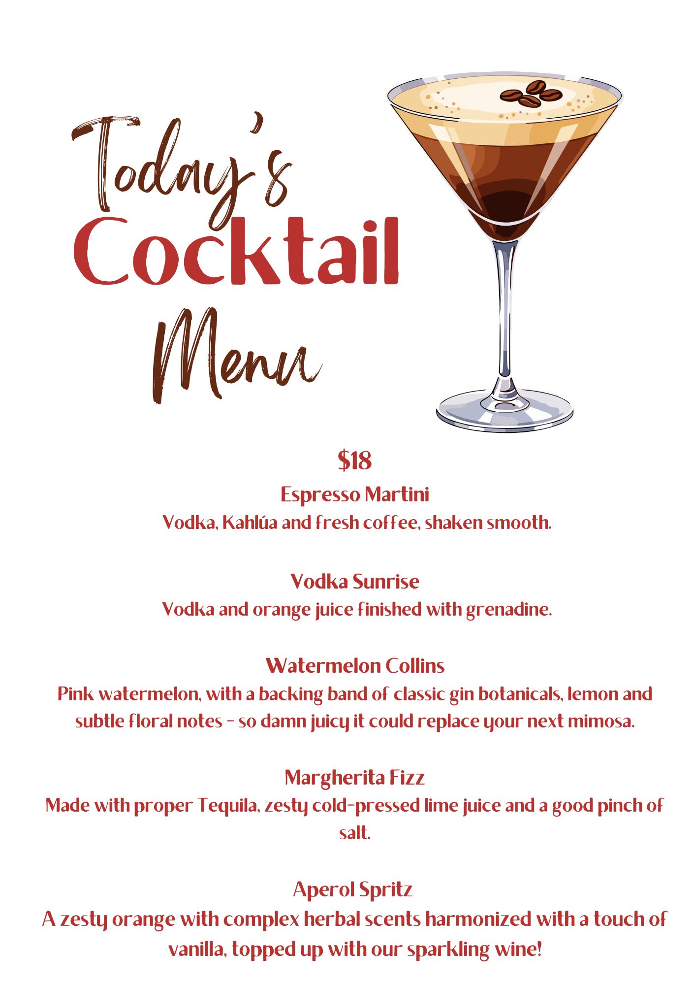 cocktail menu Rivendell Winery