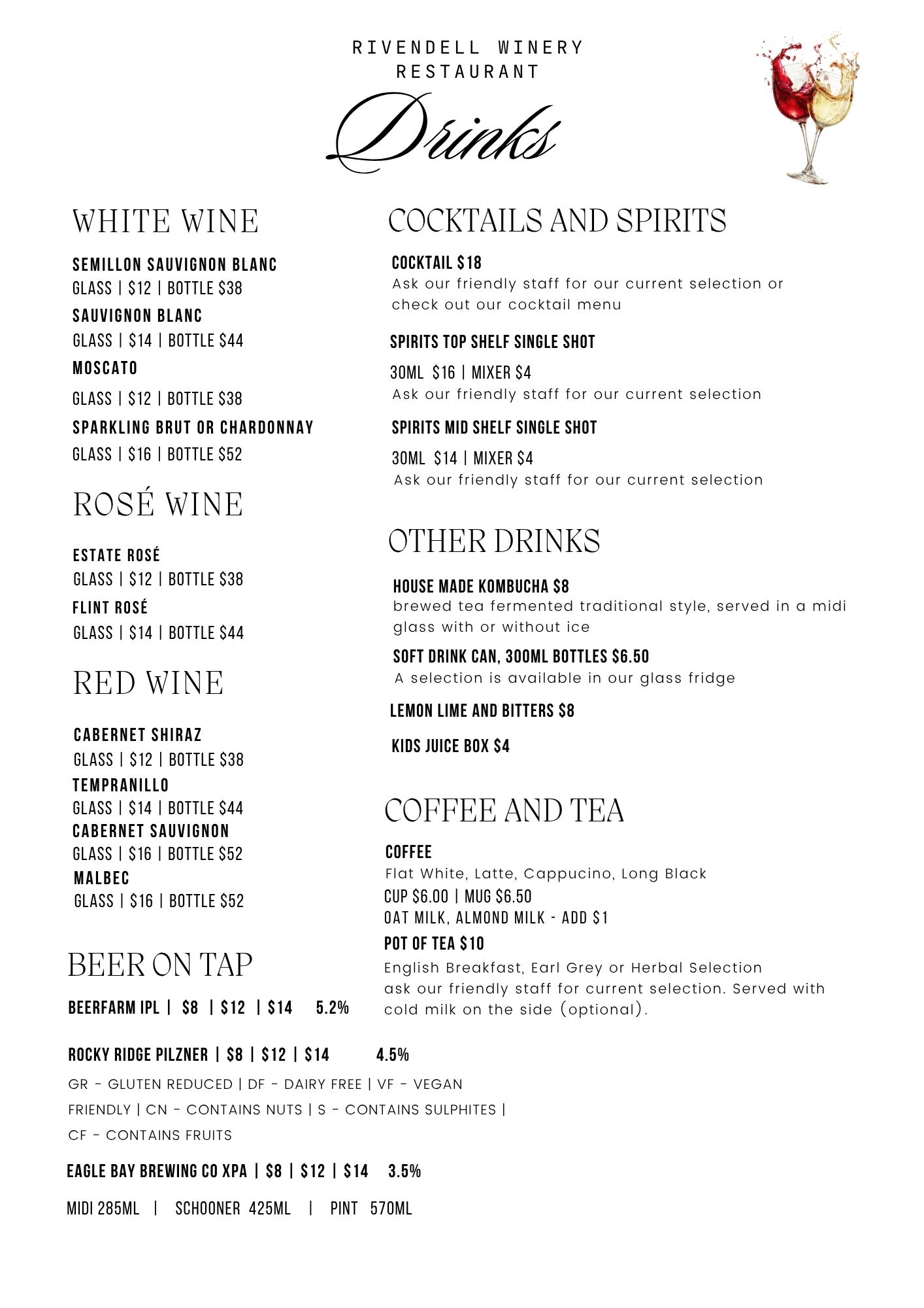 Rivendell Winery Drinks Menu