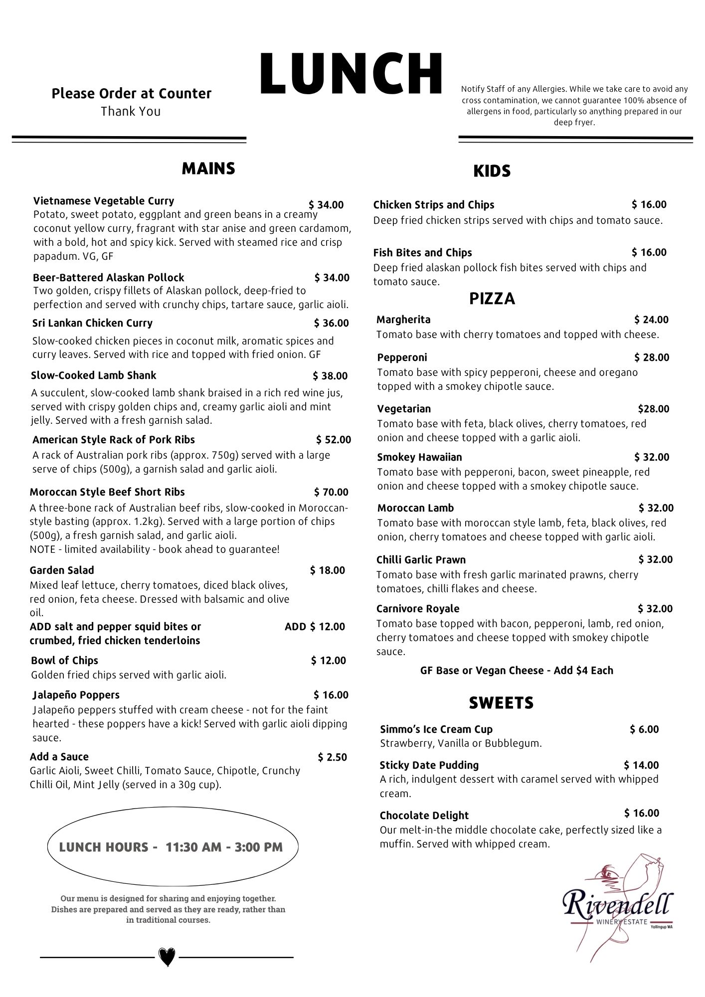 Rivendell Winery Lunch Menu